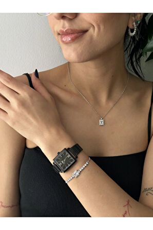 Polo Louıs Vintage Kadın Kol Saati Zirkon Taşlı Baget Kolye Bileklik Özel Kombin Set Siyah Renk
