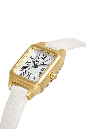 Klasik Romen Rakamlı Deri Kordon Kadın Kol Saati Beyaz Gold Renk Pl-1517b2x