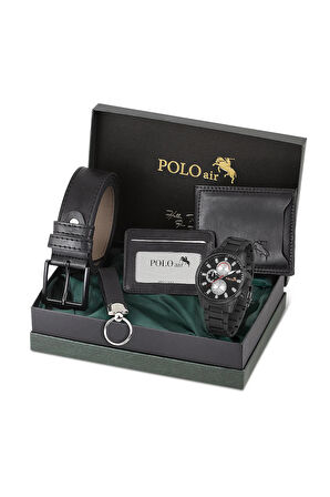 Erkek Kol Saati Cüzdan Kemer Kartlık Anahtarlık Kombin Set PL-0835E1 Siyah Set