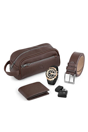 Erkek Kol Saati El Çantası Cüzdan Kemer Çakmak Set Kahverengi Kombin PL-0876E4