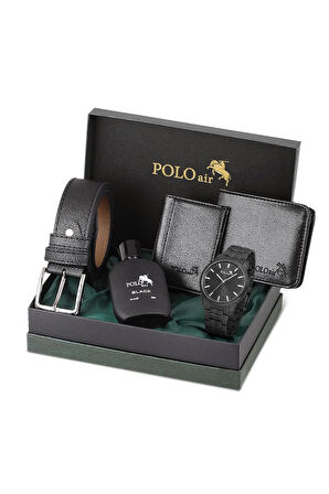 Erkek Kol Saati Parfüm Cüzdan Kemer Kartlık Kombin Set Siyah Renk PL-0918E1