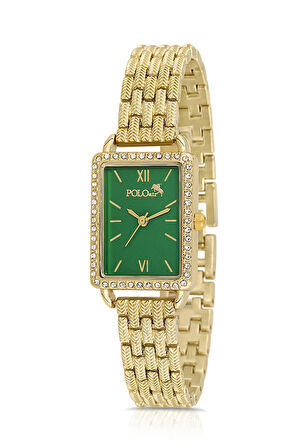 Vintage Tek Sıra Lüx Taşlı Kadın Kol Saati Gold-Yeşil PL-1486B3x