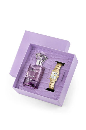 Kadın Kol Saati Ve 55 ml Parfüm Seti Mor Hediyelik Kutsunda Kombin Gold Renk ST-2132S1