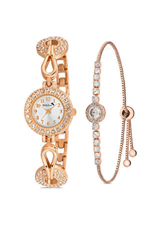 Zarif Vintage Kadın Kol Saati Zirkon Taşlı Bileklik Kombin Bakır Renk