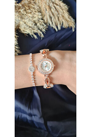Zarif Vintage Kadın Kol Saati Zirkon Taşlı Bileklik Kombin Bakır Renk