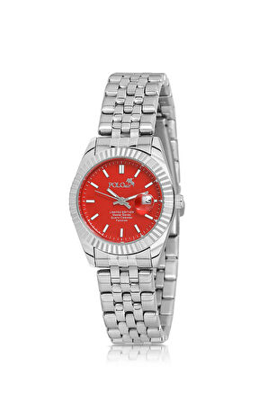 Mercan Takvimli Tek Sıra Kadın Kol Saati Gümüş Kırmızı Renk PL-1519B6x