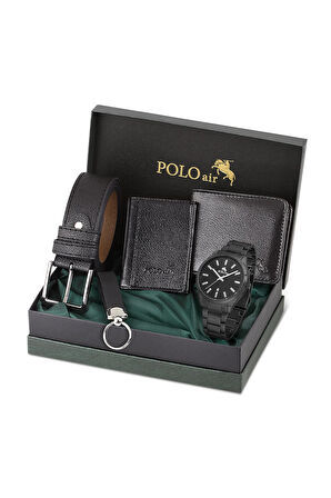 Erkek Kol Saati Anahtarlık Cüzdan Kemer Kartlık Kombin Siyah Set  PL-0864E1