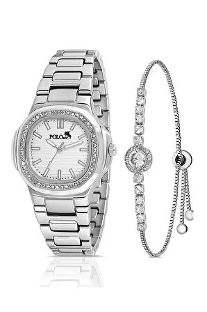 Tek Sıra Lüx Taşlı Kadın Kol Saati Zirkon Taşlı Lüx Bileklik Hediyelik Kombin Gümüş PL-1507B2