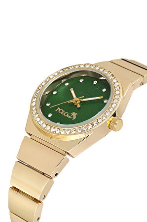 Tek Sıra Lüx Taşlı Kadın Kol Saati Gold-Yeşil PL-1490B3x
