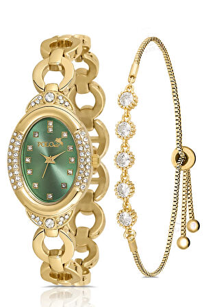 Zincir Kordon Lüx Taşlı Kadın Kol Saati Zirkon Taşlı 5 Taş Bileklik Kombin Gold Yeşil Renk PL-1516B4