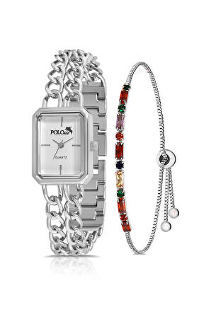 Vintage Zincir Kordon Kadın Kol Saati Zirkon Taşlı Renkli Bileklik Kombin Gümüş PL-1503B2