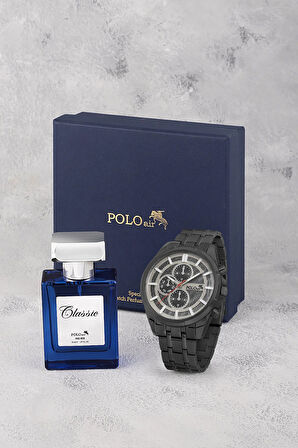Erkek Kol Saati Ve Parfüm Seti Şık Hediyelik Kutusunda Kombin Siyah Renk PL-0955E1