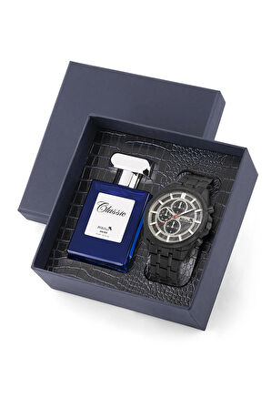 Erkek Kol Saati Ve Parfüm Seti Şık Hediyelik Kutusunda Kombin Siyah Renk PL-0955E1