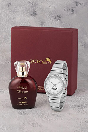 Lüx Taşlı Kadın Kol Saati Ve Parfüm Seti Bordo Hediyelik Kutsunda Kombin Gümüş Renk ST-2139S2