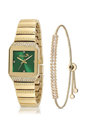 Vintage Kare Kadın Kol Saati Zirkon Taşlı Baget Bileklik Gold-Yeşil PL-1488B3