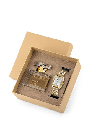 Lüx Taşlı Kadın Kol Saati Ve 55 ml Parfüm Seti Hediyelik Kutsunda Kombin Gold Renk ST-2142S1