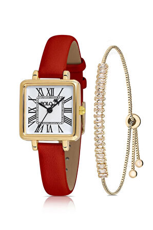 Kare Kasa Deri Kordon Kadın Kol Saati Zirkon Taşlı Baget Bileklik Kırmızı-Gold PL-1484B9