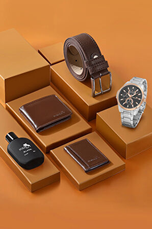 Erkek Kol Saati Klasik Model Cüzdan Kemer Kartlık Parfüm Kombin Kahverengi Set PL-0844E3