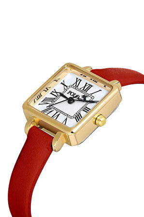 Kare Kasa Deri Kordon Kadın Kol Saati Kırmızı-Gold PL-1484B9x