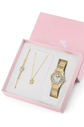 Romen Rakamlı Kadın Kol Saati Zirkon Taşlı Kolye Ve Bileklik Özel Kombin Set Gold Renk ST-2152S1