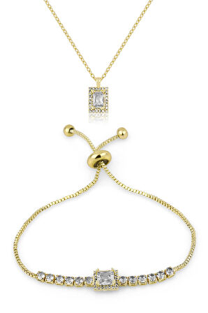 Romen Rakamlı Kadın Kol Saati Zirkon Taşlı Kolye Ve Bileklik Özel Kombin Set Gold Renk ST-2152S1