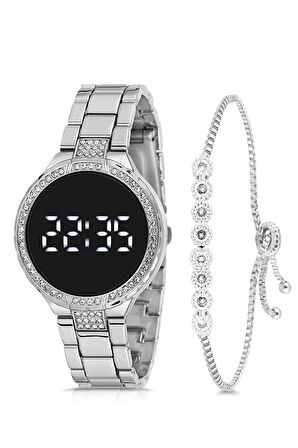 Lüx Taşlı Metal Kordon Led Kadın Kol Saati Su Yolu Bileklik Kombin Gümüş Renk PL-1511B1