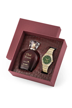 Lüx Taşlı Kadın Kol Saati Ve Parfüm Seti Bordo Hediyelik Kutsunda Kombin Gold Yeşil Renk ST-2139S3