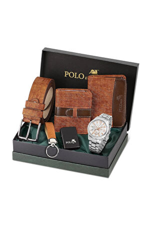 Erkek Kol Saati Cüzdan Kemer Kartlık Anahtarlık Çakmak Set Gümüş Renk PL-0920E4
