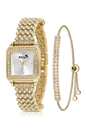 Lüx Taşlı Kadın Kol Saati Zirkon Taşlı Baget Bileklik Gold PL-1487B1