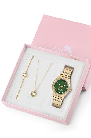 Lüx Taşlı Kadın Kol Saati Zirkon Taşlı Kolye Bileklik Özel Kombin Set Gold Yeşil Renk ST-2158S3