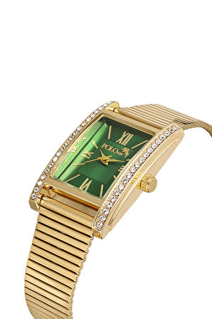 Lüx Taşlı Kadın Kol Saati Zirkon Taşlı Kolye Bileklik Özel Kombin Set Gold Yeşil Renk ST-2153S3