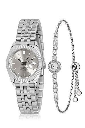 Mercan Takvimli Kadın Kol Saati Zirkon Taşlı Yuvarlak Bileklik Kombin Gümüş Gri Renk PL-1519B8