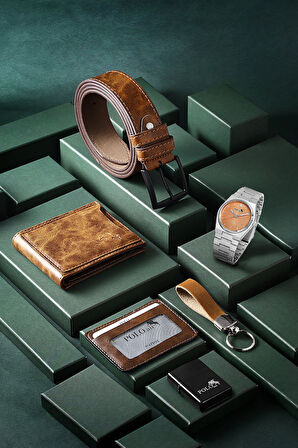 Erkek Kol Saati Cüzdan Kemer Kartlık Anahtarlık Çakmak Kombin Kahverengi Set PL-0861E3