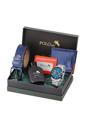 Erkek Kol Saati Cüzdan Kemer Kartlık Parfüm Kombin Lacivert Set PL-0894E4