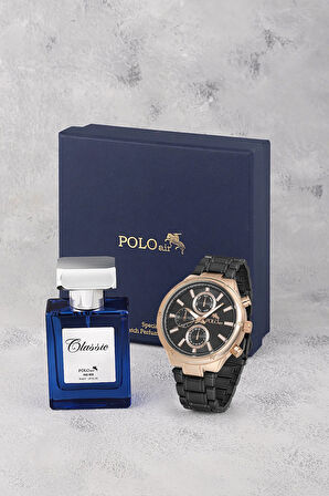 Erkek Kol Saati Ve Parfüm Seti Hediyelik Kutusunda Kombin Siyah Bakır Renk PL-0953E4
