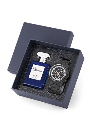 Erkek Metal Kol Saati Ve Parfüm Seti Hediyelik Kutusunda Kombin Siyah Renk PL-0951E1