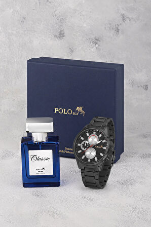 Erkek Metal Kol Saati Ve Parfüm Seti Hediyelik Kutusunda Kombin Siyah Renk PL-0952E1