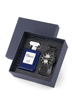 Erkek Metal Kol Saati Ve Parfüm Seti Hediyelik Kutusunda Kombin Siyah Renk PL-0952E1