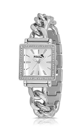 Zincir Kordon Lüx Taşlı Kare Kadın Kol Saati Gümüş PL-1485B2x