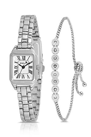 Vintage Kadın Kol Saati Zirkon Taşlı Su Yolu Asansörlü Bileklik Kombin Gümüş Renk PL-1522B2