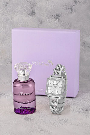 Zincir Kordon Kadın Kol Saati Ve Parfüm Seti Hediyelik Kutsunda Kombin Gümüş Renk ST-2135S2