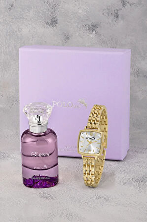 Kadın Kol Saati Ve 55 ml Parfüm Seti Mor Hediyelik Kutsunda Kombin Gold Renk ST-2145S1