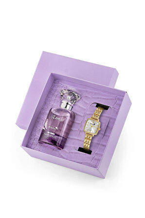Kadın Kol Saati Ve 55 ml Parfüm Seti Mor Hediyelik Kutsunda Kombin Gold Renk ST-2145S1