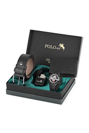 Logolu Klasik Erkek Cüzdan Kemer Kol Saati Çakmak Seti Siyah Kombin PL-0878E1