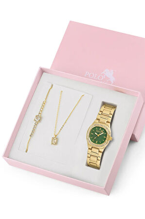 Lüx Taşlı Kadın Kol Saati Kare Zirkon Taşlı Kolye Bileklik Özel Kombin Set Gold Yeşil Renk ST-2147S4