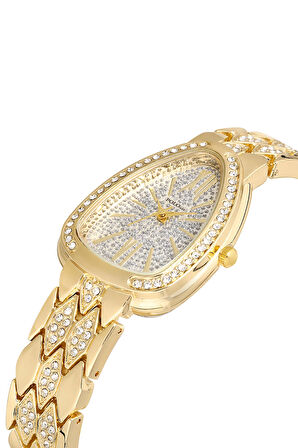 Yılan Desen Taşlı Kadın Kol Saati Zirkon Taşlı Baget Bileklik Kombin Gold Renk PL-1520B1