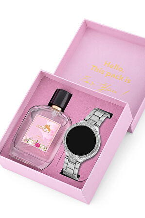 Tek Sıra Taşlı Dokunmatik Led Kadın Kol Saati Parfüm Hediyelik Kombin Set Gümüş Renk