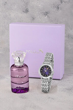 Kadın Kol Saati Ve Parfüm Seti Hediyelik Kutsunda Kombin Gümüş Mor Renk ST-2128S6