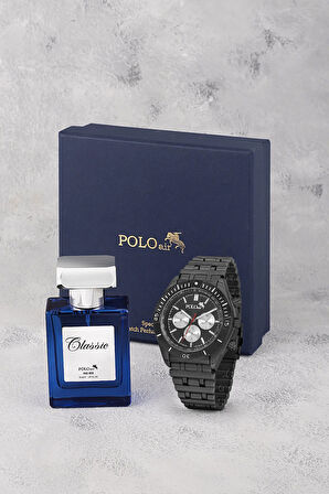 Erkek Kol Saati Ve 55 ml Parfüm Seti Şık Hediyelik Kutusunda Kombin Siyah Renk PL-0959E1