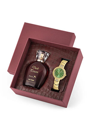 Kadın Kol Saati Ve 55 ml Parfüm Seti Bordo Hediyelik Kutsunda Kombin Gold Yeşil Renk ST-2138S3